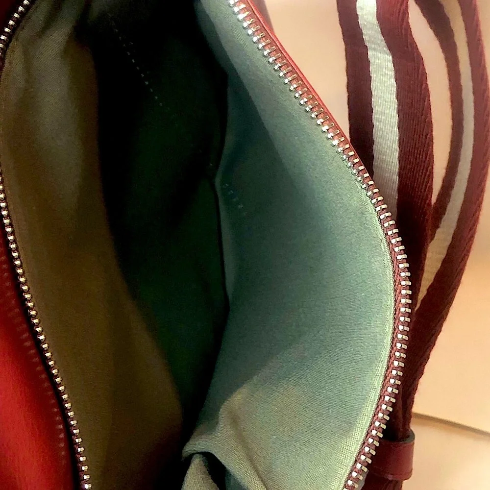 BALLY Red Leather Top Zip Messenger Shoulder Bag w/ Red White Striped Strap